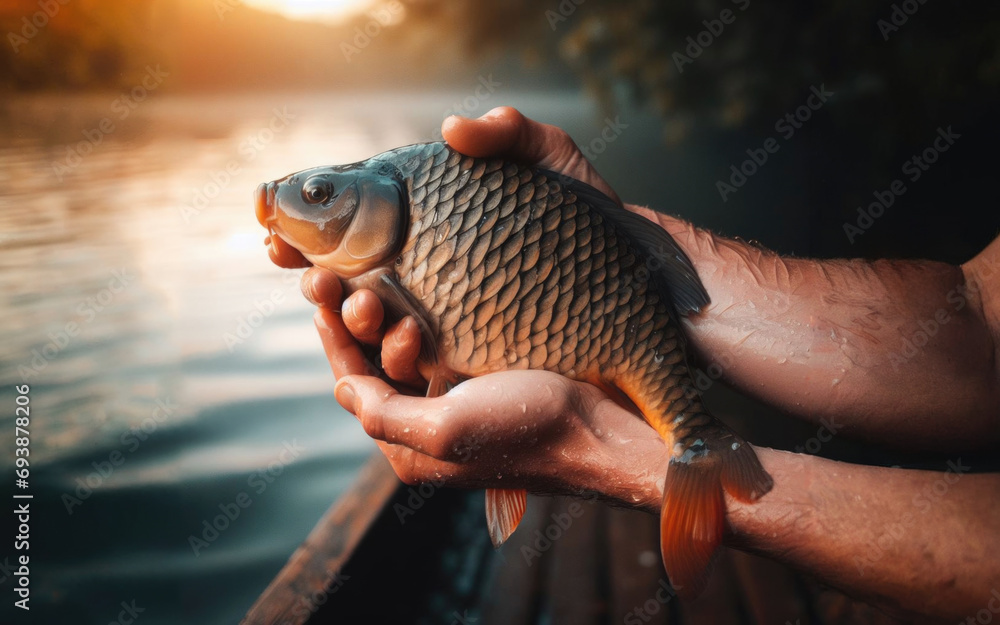 Fisherman holding a fish with lake on the background Fisherman holding a fish with lake on the background