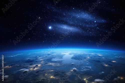 View of stars above planet from space. Observation from the outer space