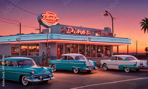 Vintage USA vibes: 60s outdoor dinner, neon signs, and cars