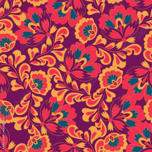 seamless pattern with ethnic flowers and leaf  vector floral illustration in vintage style