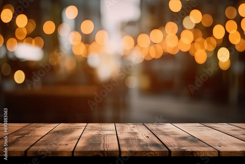 Empty wooden table top with lights bokeh on blur restaurant background.wood table on blur of cafe  coffee shop  bar  background