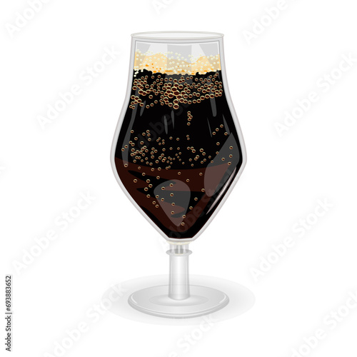Glass of dark beer isolated on white background. Glass full with brown beer and foam. Porter ale. Patrick day or oktoberfest celebration. Stock vector illustration
