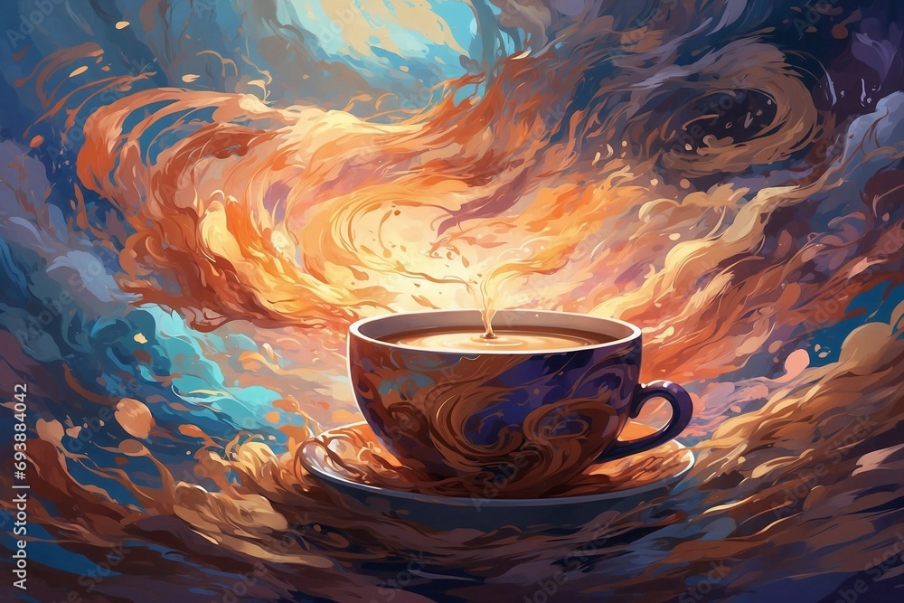 In a mesmerizingly abstract style, the image depicts a cup of coffee emitting swirling tendrils of steam - obrazy, fototapety, plakaty 