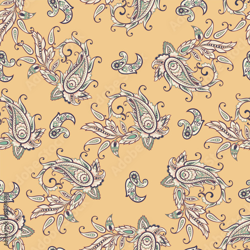 Turkish Cucumber Paisley. Seamless vector pattern in traditional oriental style with flowers  leaves and fantasy elements. Fabric and wallpaper cover