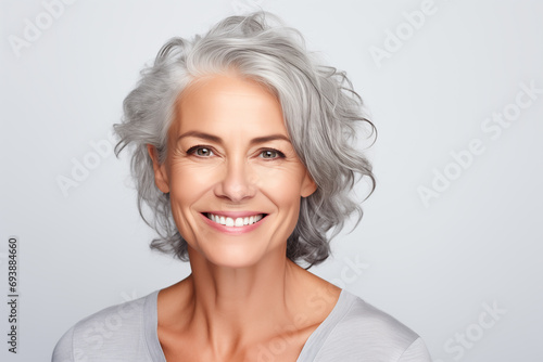 Photo portrait of a handsome 40  old mature woman smiling with clean teeth