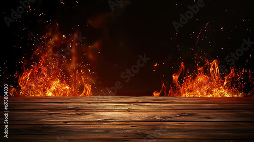 wooden table with Fire burning background,, fire particles, sparks, and smoke in the air, with fire flames on a dark background to display product