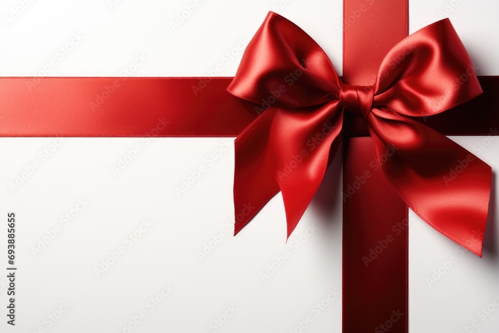 a sumptuous red satin ribbon tied in a bow, elegantly meticulously tied in a perfect bow across white background, creating a cross shape that implies a gift waiting to be discovered a sumptuous red satin ribbon tied in a bow, elegantly meticulously tied in a perfect bow across white background, creating a cross shape that implies a gift waiting to be discovered