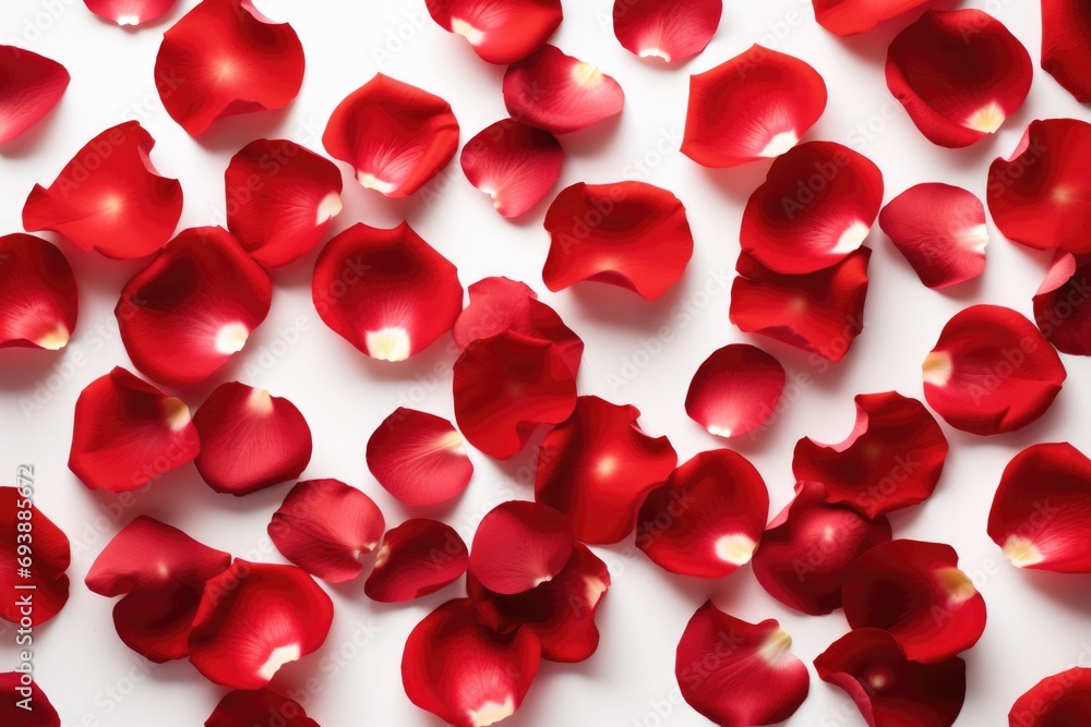 Depicts scattered red rose petals on a white surface, conveying a sense of romance and celebration or a ceremonial gesture Depicts scattered red rose petals on a white surface, conveying a sense of romance and celebration or a ceremonial gesture