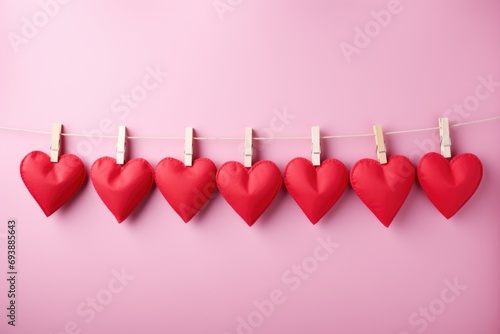 Red hearts strung up on a line with wooden clips against a soft pink background, offering a playful and sweet expression of love and celebration photo