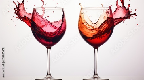 Two wine glasses with a dynamic splash of red wine, captured in motion against a clean, white background, suggesting a lively and spirited moment.