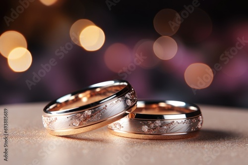 Two elegant wedding rings with embedded diamonds on a reflective surface, with a romantic purple bokeh background enhancing the mood of love and commitment.