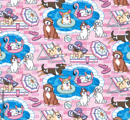 Dogs Breeds Funny Pool summer swimming  seamless pattern