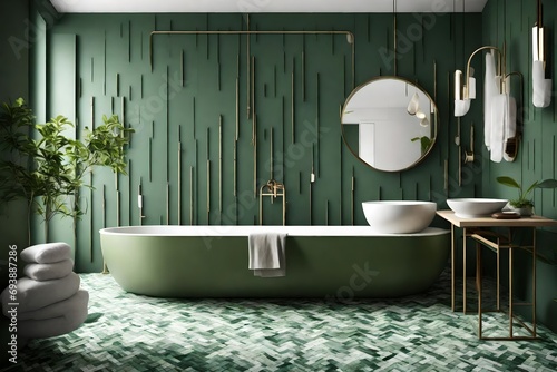 Bathroom interior with green accent and mirror