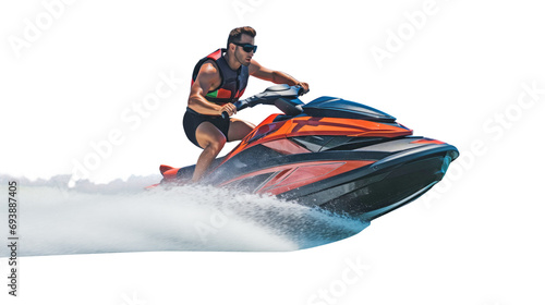 Man riding jet ski, side view of man standing on jet ski