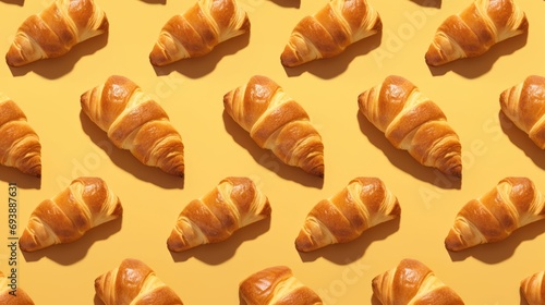 Croissant pattern on a yellow background. Appetizing buns. Bakery art.