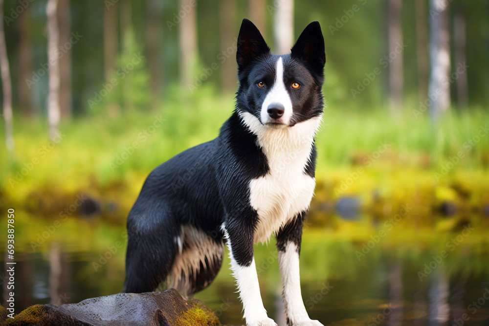 Karelian Bear Laika purebred beautiful breed of dog, background nature. Karelian Bear Laika purebred beautiful breed of dog, background nature.