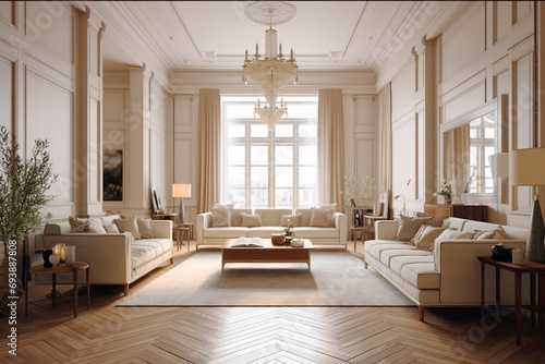 European interior design of the living room of an apartment house  warm colors  brown beige soft colors. AI Generative.