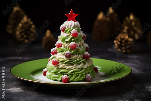 Christmas Dessert in the shape of a small christmas tree. A Festive Delight. Christmas Dessert Shaped as a Small Tree