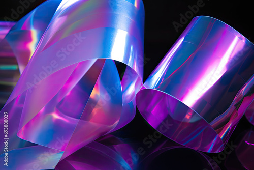 Rolls of holographic foil on dark background. shimmering hologram style plastic wrap with pastel colors reflections