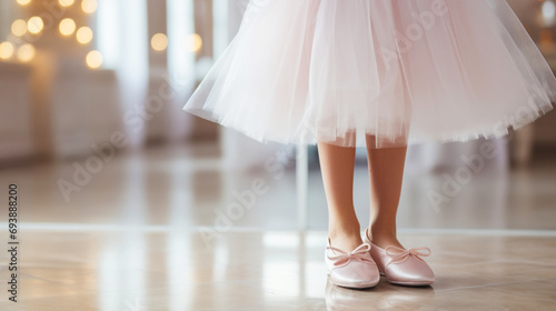 Little ballerina legs in pink dance shoes and tutu. Light festive background. Copy space. Generative AI