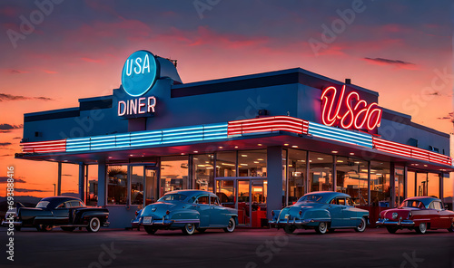 Vintage USA vibes: 60s outdoor dinner, neon signs, and cars
