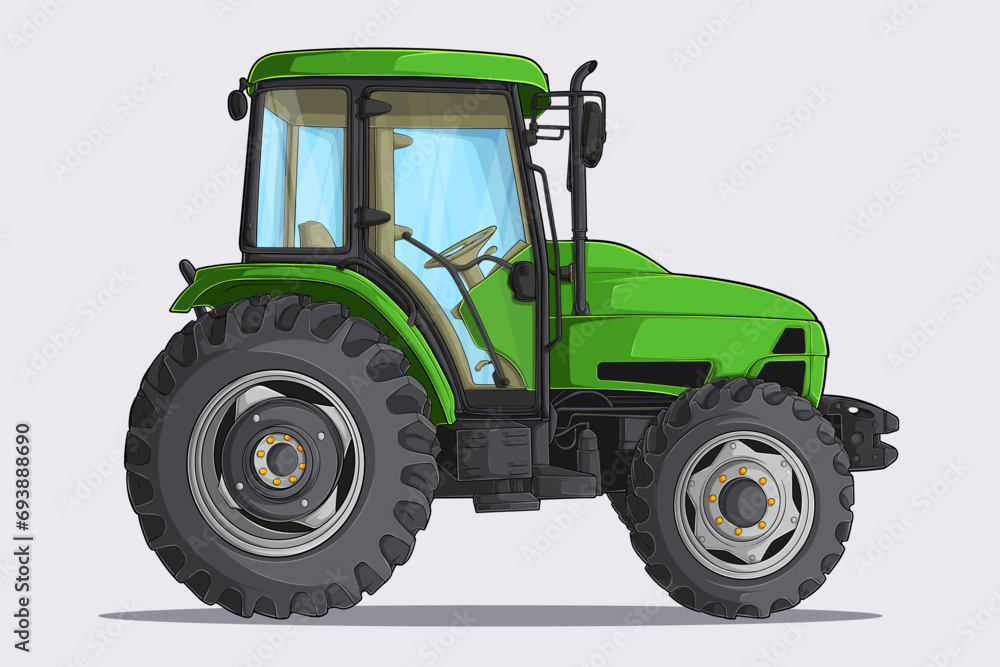 Obraz premium Hand drawn green Tractor truck, Farming tractor, agricultural modern tractor, transportation truck