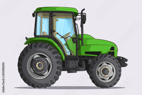 Hand drawn green Tractor truck, Farming tractor, agricultural modern tractor, transportation truck