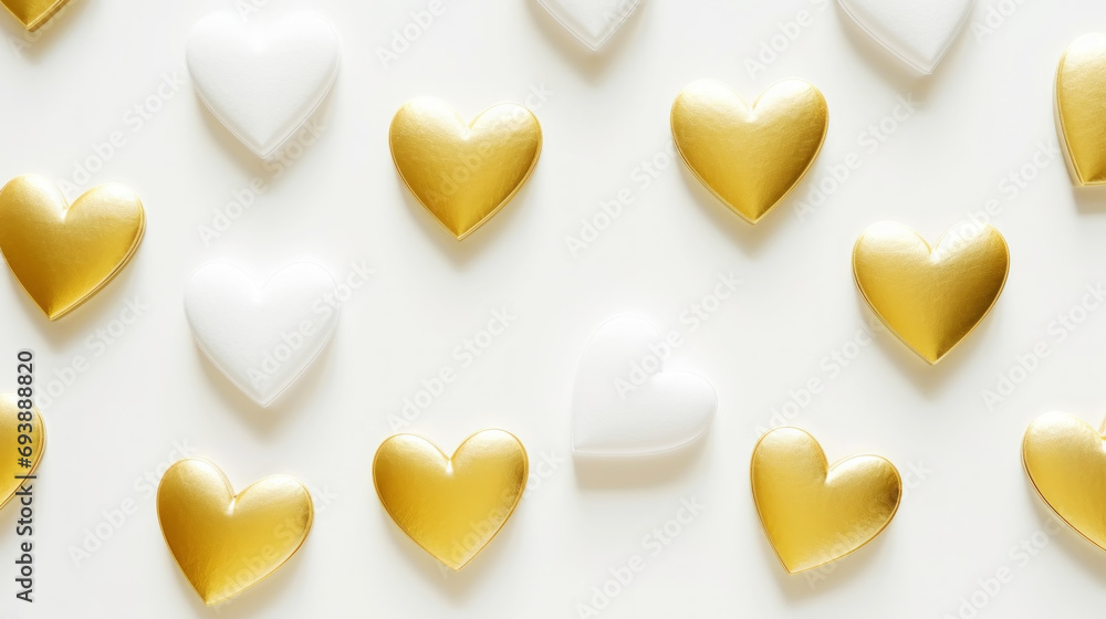 Aesthetic white and gold hearts on light background. Minimalist love concept. Copy space. Generative AI Aesthetic white and gold hearts on light background. Minimalist love concept. Copy space. Generative AI