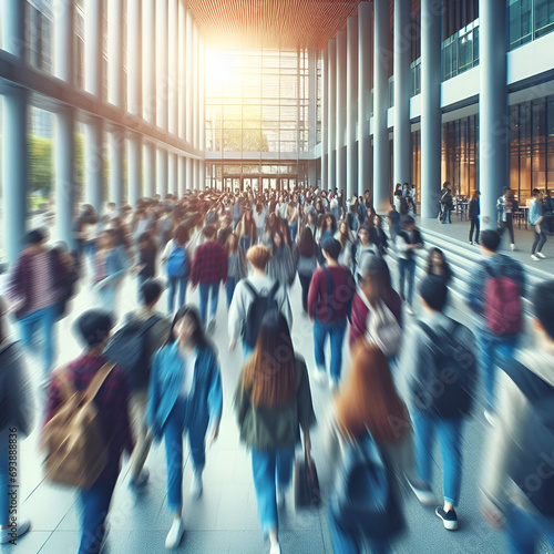 Students walking to class in a university or college environment. Moving crowd motion blurred background. 