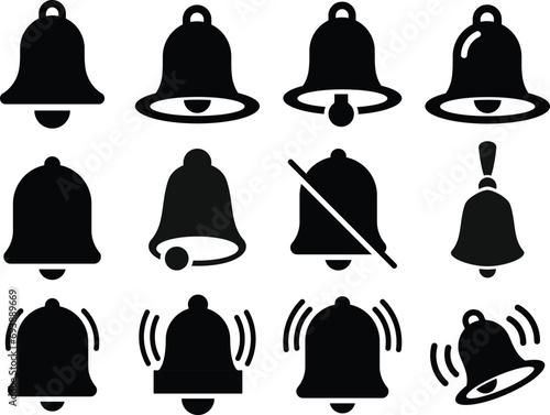 Notification bell icon set isolated on white background