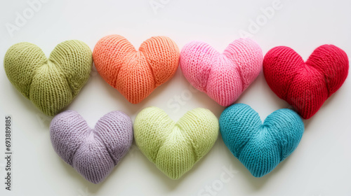 Assorted Color Knitted Heart Cushions. Knitted Heart Object With Love