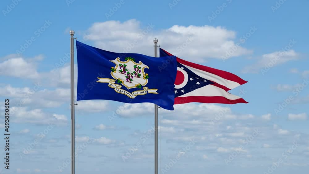 Ohio and Connecticut US state flags waving together on cloudy sky, endless seamless loop Ohio and Connecticut US state flags waving together on cloudy sky, endless seamless loop