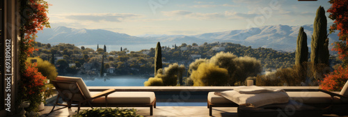  villa terrace with view sunset in the mountains photo