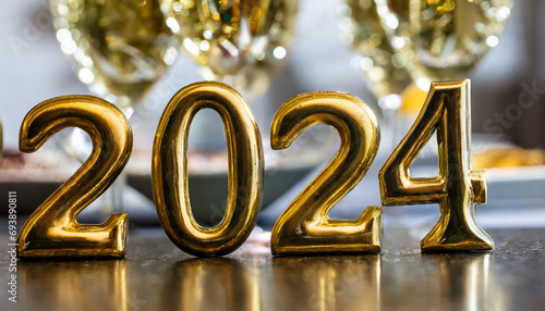 The number 2024 made of golden metal, blurred background of a New Year's Eve party at night