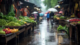  outdoor vegetables and fruits market in rainy day