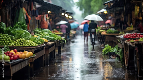  outdoor vegetables and fruits market in rainy day