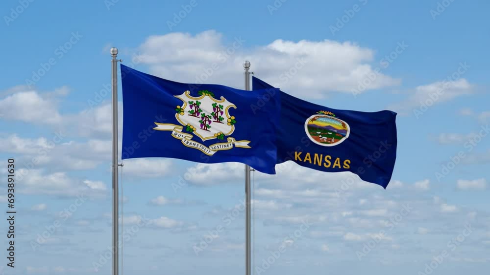 Kansas and Connecticut US state flags waving together on cloudy sky, endless seamless loop Kansas and Connecticut US state flags waving together on cloudy sky, endless seamless loop
