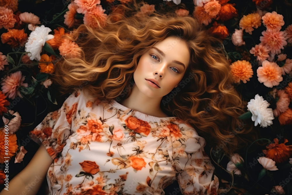 Portrait of a beautiful young woman resting happily amidst a field of flowers. Fashionable of beautiful young woman lying in a in a flowers field.