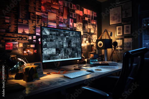 A film editing suite with scattered film reels and notes, symbolizing the collaborative brainstorming in the film industry. Generative Ai. photo