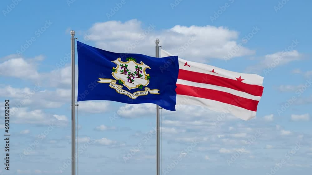 District of Columbia or Washington D.C. and Connecticut US state flags waving together on cloudy sky, endless seamless loop District of Columbia or Washington D.C. and Connecticut US state flags waving together on cloudy sky, endless seamless loop