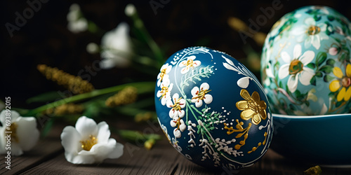 Beautiful hand painting design on Easter eggs with flower branches on wooden table Closeup of painted eggs with floral patterns Easter eggs for Easter celebration background AI Generative     photo
