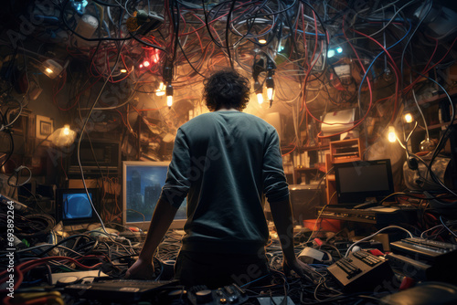 A person looking at a tangled mess of cords, representing the challenges of setting up electronic devices. Concept of tech setup problems. Generative Ai.