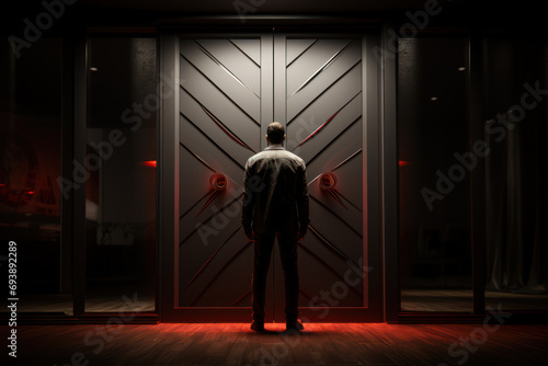 A person standing in front of a closed door with a "No Entry" sign, representing the barriers and challenges in accessing certain spaces. Concept of restricted access. Generative Ai.