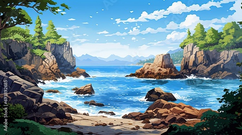 sea on the background of rocks and stones with green trees and blue sky
