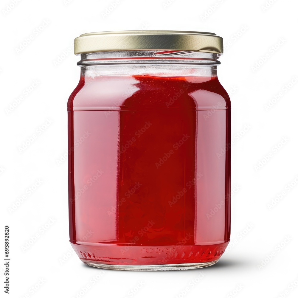 Homemade Red Jam in Glass Jar with Gold Lid Isolated on White Background Homemade Red Jam in Glass Jar with Gold Lid Isolated on White Background