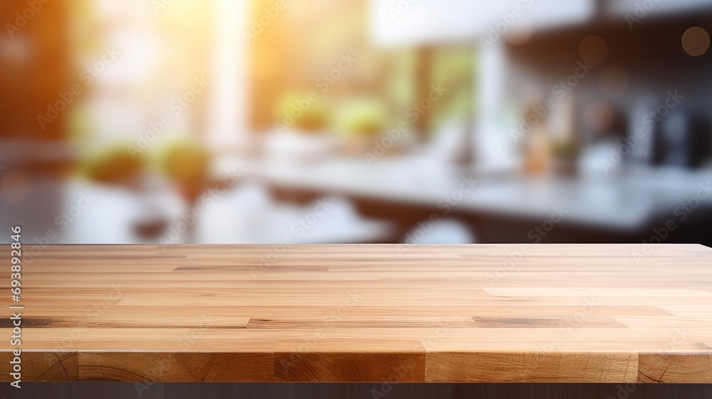 Wood table top on blur kitchen counter background Wood table top on blur kitchen counter background