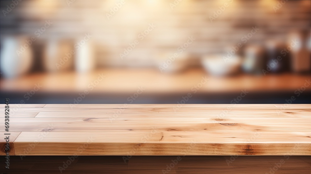 Wood table top on blur kitchen counter background