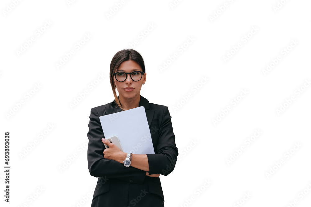 Thoughtful young brunette woman in business suit holds papers looks away against transparent background. American student waiting for exam results Education, business. Thoughtful young brunette woman in business suit holds papers looks away against transparent background. American student waiting for exam results Education, business.