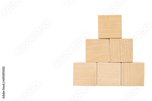 Pyramid of six wooden cubes, space for text. Transparent background. PNG.