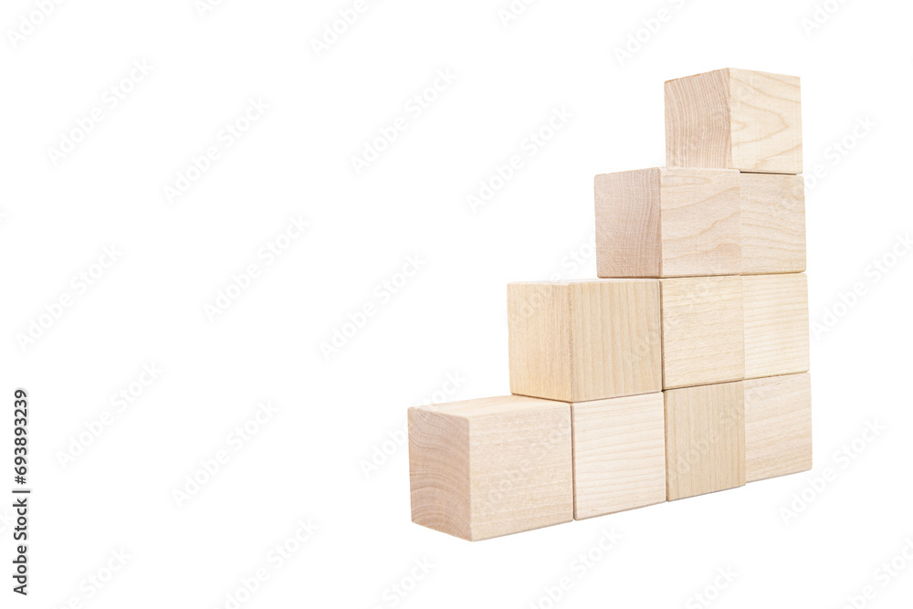 Obraz premium Pyramid steps, ladder made of wooden cubes, with space for text. Transparent background. PNG..copy space.